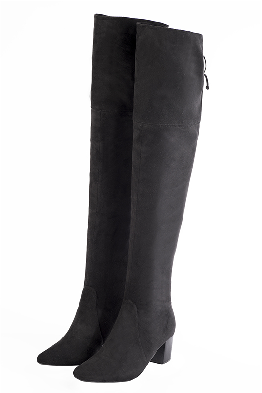 Dark grey women's leather thigh-high boots. Round toe. Medium block heels. Made to measure. Front view - Florence KOOIJMAN